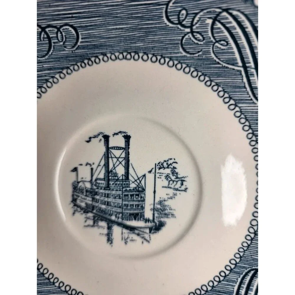 Vintage Royal China Currier & Ives Blue & White Steamboat Saucer